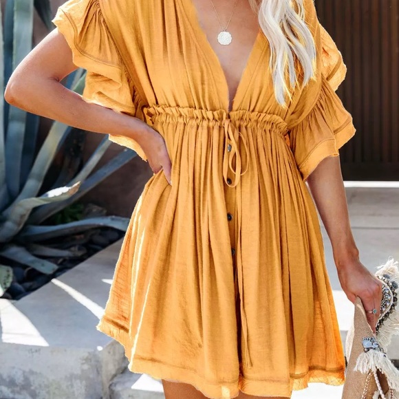 Marigold Yellow Boho Gauze Solid Button Up Bohemian Coverup Mini Casual Dress - Picture 4 of 6
